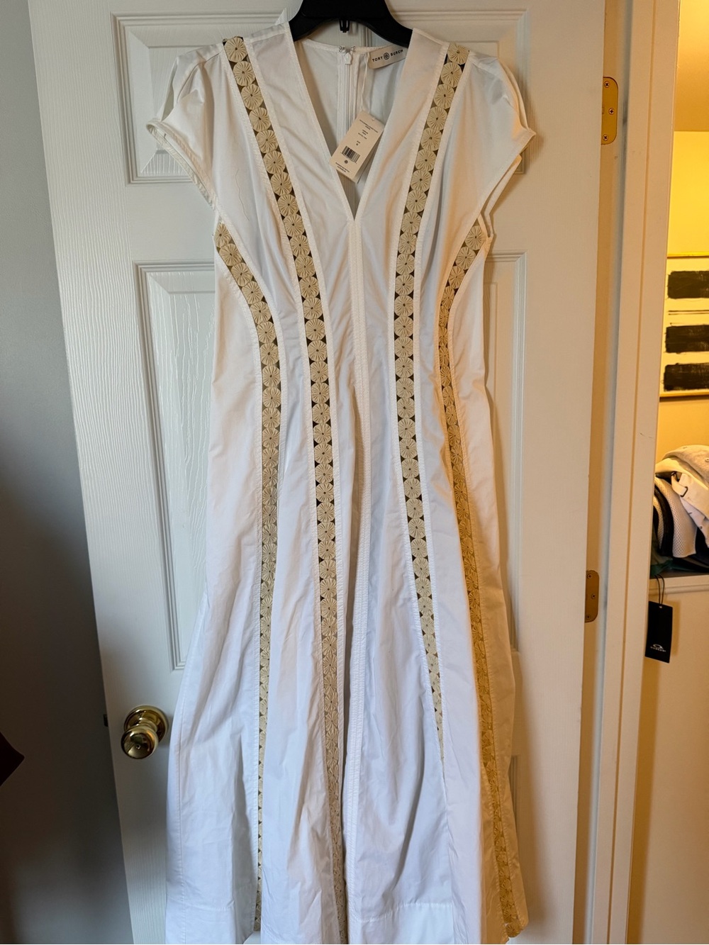 Tory Burch White Maxi Dress with Beige Crochet Insets - Picture 2 of 5